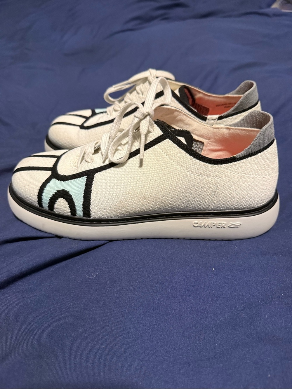 Camper Women’s White Sneakers with Black Trim and Mint Accent